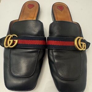 Gucci Black Mules with Red Stripe and Gold GG